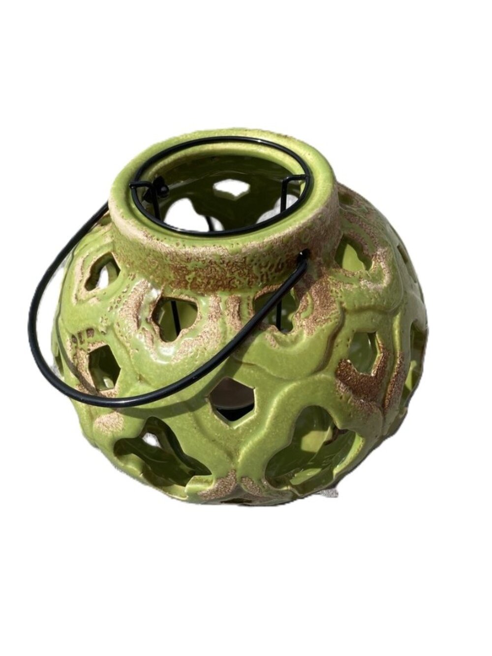 Mediterranean Design Tea light Holder Lantern Ceramic Cut Out Green 6 x 6 inches